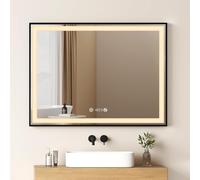 EMKE Espejo de baño con luz, 100 x 70 cm, luz Neutra 4300K, Borde Negro, Espejo de baño con Interruptor táctil, antivaho, Reloj, indicador de Temperatura, Regulable, función de Memoria