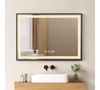 EMKE Espejo de baño con luz, 70 x 50 cm, luz Neutra 4300K,Borde Negro, Espejo de baño con Interruptor táctil, antivaho, Reloj, indicador de Temperatura, Regulable, función de Memoria