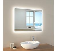 EMKE Espejo de baño LED, 90 x 70 cm, Espejo de baño con iluminación, Espejo de Pared con Interruptor táctil, antiempañamiento, Reloj IP44, energía IP44, LM13ETDZ-EMKE Estilo J