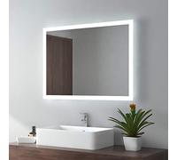 EMKE Espejo de baño LED de 80 x 60 cm, Espejo de Pared, luz Blanca cálida y luz Blanca fría, Espejo de baño con antivaho con botón