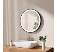 EMKE Espejo de baño Redondo 60 cm, Espejo Redondo Pared con luz, Interruptor táctil y función antivaho, 3 Colores de luz Variables, Marco Negro y Correa Ajustable