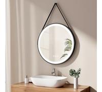 EMKE Espejo de baño Redondo 70 cm, Espejo Redondo Pared con luz, Interruptor táctil y función antivaho, 3 Colores de luz Variables, Marco Negro y Correa Ajustable