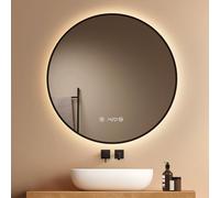 EMKE Espejo de Baño Redondo 80 cm, Marco Negro Cobrizo Cepillado, LED Táctil Regulable 4300K, Antivaho Independiente, Reloj/Temperatura, Memoria & Apagado Automático 3h, IP44