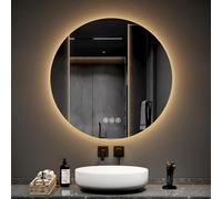 EMKE Espejo de baño Redondo de 80 cm de diámetro, con antivaho+Interruptor táctil, Espejo de baño con retroiluminación LED, Espejo Redondo LED de 3 Colores de luz Variable
