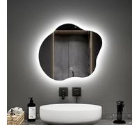 EMKE Espejo de Baño Retroiluminado con LED, 45 x 50 cm, Asimétrico, Montado en Pared, Tacto, Antivaho, Regulable, 3 Colores, Sin Marco para Decoración de Baño