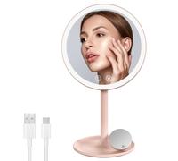 EMKE Espejo de Maquillaje con Iluminación, 3 Colores de Luz, Aumento 1/3x, Brillo Regulable, Interruptor Táctil (Rosa)