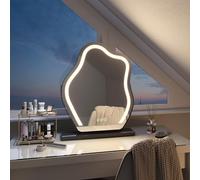 EMKE Espejo de maquillaje luminoso 58,2 x 45 cm, forma irregular, espejo LED maquillaje con tacto, 3 colores claros+función de memoria, base extraíble y soporte ajustable, espejo de maquillaje (negro)