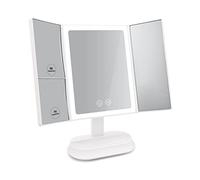 EMKE - Espejo de Maquillaje Luminoso, Triple Espejo LED de Maquillaje con aumentos 1x/5x/7x, Espejo de Mesa portátil con Pantalla táctil, 3 Efectos de iluminación, Recargable por USB, Color Blanco