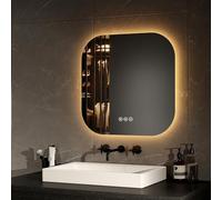 EMKE Espejo Iluminado de Baño 50 x 50 cm, Espejo LED Cuadrado sin Marco con 3 Botones Táctiles, Anti-vaho, Función Memoria, Apagado Automático a 3 Horas, 3 Colores de Luz