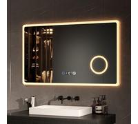 EMKE Espejo LED de Baño 100 x 60 cm, Espejo de Baño con Iluminación, Interruptor Táctil, Lupa 3X, Reloj, Función de Memoria, 3 Colores de Luz