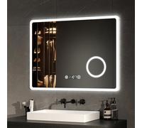 EMKE Espejo LED de Baño 90 x 70 cm, Lupa 3X, Reloj, 6500K