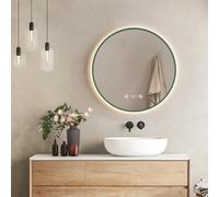 EMKE Espejo LED Redondo de Baño, ø60cm, Verde Oscuro, antiempañante, con visualización de Hora y Temperatura, luz Neutra, Intensidad Ajustable, Espejo de baño con iluminación, IP44