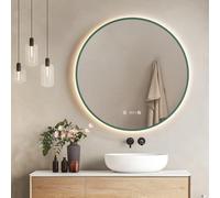EMKE Espejo LED Redondo de Baño, ø80cm, Verde Oscuro, antiempañante, con visualización de Hora y Temperatura, luz Neutra, Intensidad Ajustable, Espejo de baño con iluminación, IP44