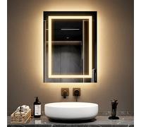 EMKE Espejo Luminoso Cuarto de baño 45x60 cm con Interruptor de botón, antiniebla, Dos Colores luz Blanca fría 6500K/caliente 3000K Espejo baño con función Memoria