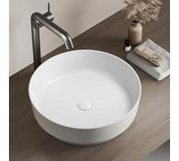 EMKE Lavabo de apoyo - Lavabo redondo de cerámica, 39 x 39 x 12 cm, instalación sobre encimera, blanco brillante, ideal para baño y aseo de invitados