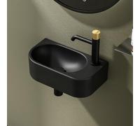 EMKE Lavabo de Cerámica 400 x 215 x 120 mm, pequeño, Lavamanos para montar, grifo a la derecha, lavabo suspendido para fijar en la pared para WC de invitados y baño, negro mate