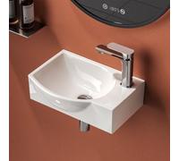 EMKE Lavabo de Cerámica 405 x 280 x 140 mm, pequeño, Lavamanos para montar, grifo a la derecha, lavabo suspendido para fijar en la pared para WC de invitados y baño, blanco brillante