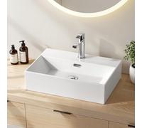 EMKE Lavabo de cerámica, diseño rectangular, lavabo con orificio para grifo, lavabo para baño de invitados, 410 x 360 x 130 mm, color blanco