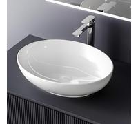 EMKE Lavabo de cerámica ovalado, lavabo para montar, 520 x 395 x 130 mm, lavabo para baño y WC de invitados, blanco brillante, fácil de instalar