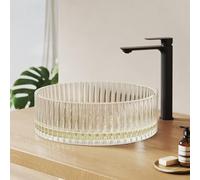 EMKE Lavabo de cristal redondo 40,0 × 40,0 × 12,0 cm - Diseño de cristal lavabo de gran volumen para baño y aseo de invitados, lavabo de mano sin agujero para grifo, dorado champán