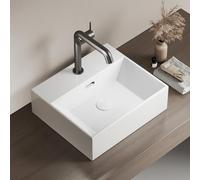 EMKE Lavabo de diseño moderno, lavabo colgante de cerámica de alta calidad con borde fino, lavabo para cuarto de baño y WC invitados, 415 x 360 x 130 mm, blanco, lavabo cuadrado, lavabo en plano