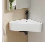 EMKE Lavabo de esquina 56,0 × 34,0 × 13,0 cm - Lavabo de cerámica triangular con agujero para grifo y rebosadero, lavabo pequeño ideal para baño y aseo de invitados, blanco