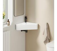 EMKE Lavabo Esquinero 56,0 × 34,0 × 13,0 cm -Triangular de Cerámica con Agujero para Grifo y Rebosadero, Lavabo Compacto Ideal para Baño y Aseo de Invitados, Blanco Brillante