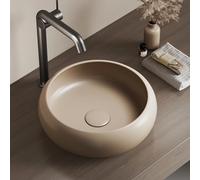 EMKE Lavabo, Lavabo Redondo de Cerámica, 36 x 36 x 12 cm, Instalación sobre Encimera,Beige Mate, Ideal para Baños y Aseos de Invitados