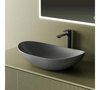 EMKE Lavabo para montar 615 x 360 x 155 mm, Lavabo ovalado de cerámica para baño, instalación sobre encimera, gris mate, lavabo para baño y WC de invitados