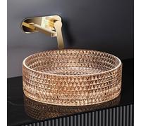 EMKE Lavabo para montar en cristal, lavabo redondo, 360 x 360 x 112 mm, lavabo de para baño y WC de invitados, lavabo en cristal rosa dorado