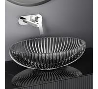 EMKE Lavabo para montar en cristal, Lavamanos ovalado, 51 x 35 x 15 cm, lavabo de para baño y WC de invitados, lavabo en cristal Negro