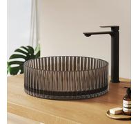 EMKE Lavabo Sobre Encimera de Cristal, Redondo Negro Mate, 400x400x120 mm, Lavabo para Baño y Aseos de Invitados, Fácil de Limpiar e Instalar