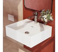 EMKE Lavabo sobre Encimera o Suspendido 41 x 36 x 13 cm, Lavabo de Baño Rectangular de Cerámica Blanco Brillante, Lavamanos de Pared con Agujero para Grifo y Rebosadero (Solo Lavabo)