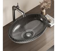 EMKE Lavabo Sobreponer en Vidrio Cristal, Ovalado Negro, 51 x 35 x 15 cm, Lavabo para Baño y WC de Invitados, Sin Orificio para Grifo