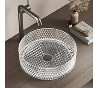 EMKE Lavabo Sobreponer en Vidrio Cristal, Redondo Transparente, 36 x 36 x 11.2 cm, Lavabo de para Baño y WC de Invitados, Sin Orificio para Grifo