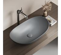 EMKE Lavamanos Sobre Encimera Ovalado 61.5 × 36 × 15.5 Cm, Lavabo De Cerámica Para Baño Y WC De Invitados, Lavabo Gris Mate