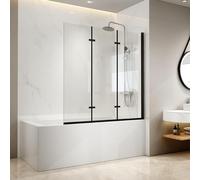 EMKE Mampara bañera plegable 130 x 140 cm, 3 paneles plegable, mamparas de bañera de cristal de seguridad de 6 mm, giro de 180°, Revestimiento nano fácil de limpiar（Borde negro）