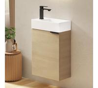 EMKE Mueble Baño con Lavabo - Estante Ajustable, Tirador Curvado Regulable, Mueble Lavabo, Ideal para Baños Pequeños y Habitaciones de Invitados, Lavabos Pequeños con Mueble, Madera Natural