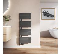 EMKE Radiador de baño con multibloque, 1041 x 400 mm, Plano, toallero con conexión Lateral, Calentador de Toallas eficiente, secador de Toallas para baño, Color Negro, 456 W