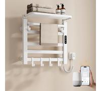 EMKE Radiador eléctrico de baño 50 x 50 cm, calentador de toallas de 140 W con control de aplicación WiFi, radiador de toallas de fibra de carbono con estante plegable y 6 ganchos, IPX5 resistente a