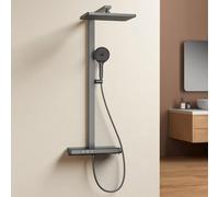 EMKE Sistema de ducha con termostato - 36 x 24 cm ducha de lluvia con grifo, juego de ducha con estante de cristal de 40 cm y alcachofa de mano (4 tipos de chorro), altura regulable, juego completo