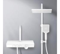 EMKE Sistema de ducha con termostato, certificación KTW, set de ducha, 45 cm, termostática, juego de columna de ducha, ducha de mano con 3 tipos de chorro, ducha de lluvia con grifo, blanco mate