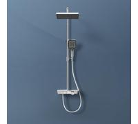 EMKE Sistema de ducha con termostato, juego completo con ducha de lluvia, termostato, columna de ducha de mano con 3 chorros, certificado KTW, set de ducha con estante de cristal, cromo