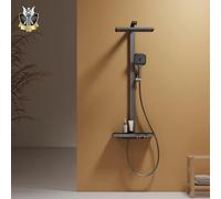 EMKE Sistema de ducha con termostato, juego de ducha con ducha de lluvia de 36 x 24 cm y 4 tipos de chorro, cantidad de agua ajustable, sistema de ducha de lluvia con grifo, certificación KTW