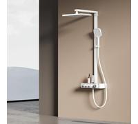 EMKE Sistema de ducha con termostato, sistema de ducha de efecto lluvia, color blanco mate, con ducha de lluvia grande de 36 x 24 cm, 3 tipos de chorro, barra de ducha ajustable y manguera, grifo de
