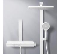 EMKE Sistema de Ducha Termostática, Ducha de Lluvia con Mangera 4-en-1, Barra de Ducha con Placa Termostática de 40 cm, Ducha de Lluvia Termostática,Blanco Mate