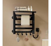 EMKE Toallero Eléctrico Baño 500 x 500 mm,Negro, 140W,Estante | Radiador toallero eléctrico con Estante y Ganchos, Temperatura Ajustable 30-70°C, Temporizador&Memoria,Toallero electrico
