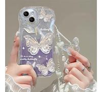 Emlivi Funda para iPhone 17 Pro con pulsera de perlas, mariposas y flores, funda de silicona esthetic para mujeres y niñas, cristal con purpurina, funda dulce para iPhone 17 Pro, lila