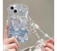 Emlivi Funda para iPhone 17 Pro Max con pulsera de perlas, mariposas y flores, funda de silicona esthetic para mujeres y niñas, cristal con purpurina, funda dulce para iPhone 17 Pro Max, azul