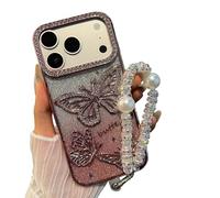 Emlivi Glitzer Hülle für iPhone 15 Pro mit Perlen Armband,3D Schmetterling Bling Diamant Handyhülle Transparent TPU Case,Farbverlauf Karte,Kameraschutz Stoßfest Schutzhülle für iPhone 15 Pro, Rosa
